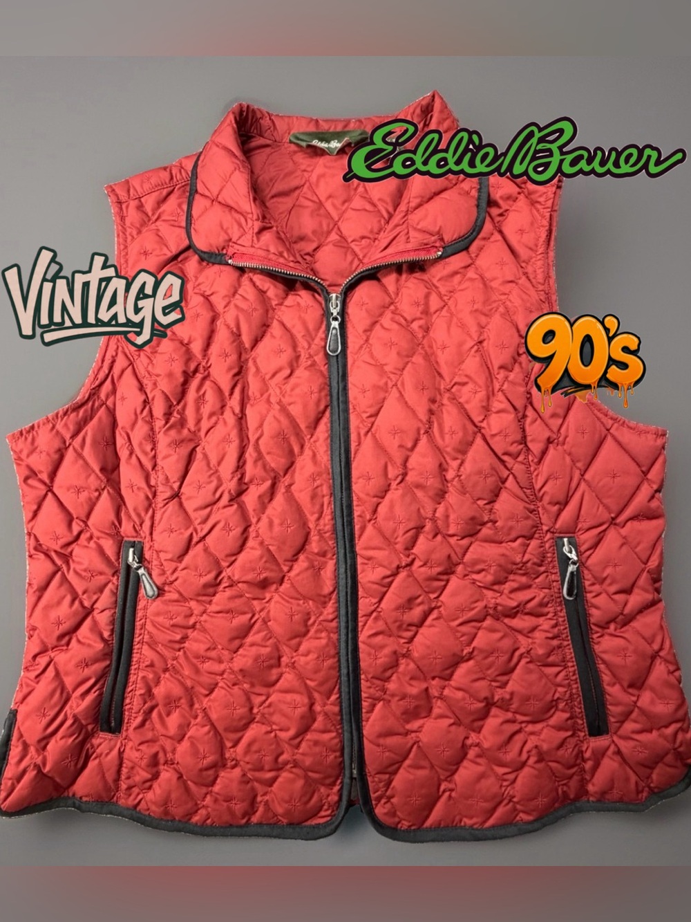 Eddie Bauer 90s Green Label Vest Red Quilted Goose Down Petite XL 23x22